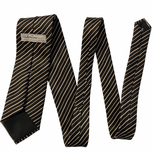 Valentino Rudy Alta Moda Roma Black Tan Stripe Tie Neutral - Picture 4 of 10